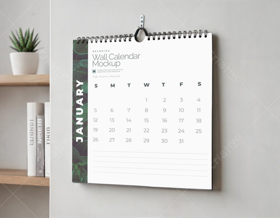Mockup Calendário de Parede Realista Anel Fundo Cinza Editável