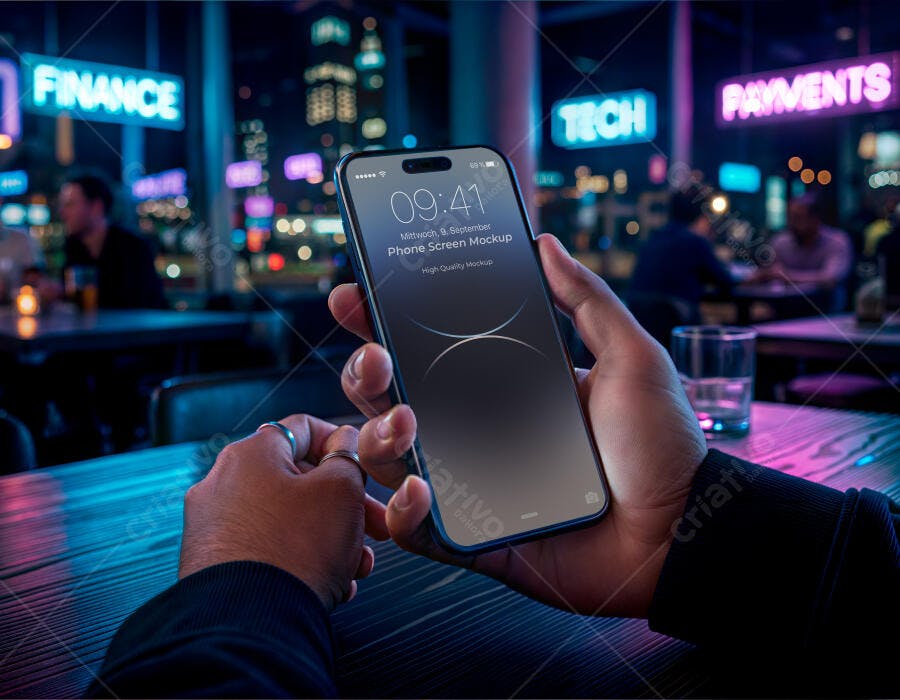 Mockup Celular Mãos Segurando Ambiente Noturno Neon Editável