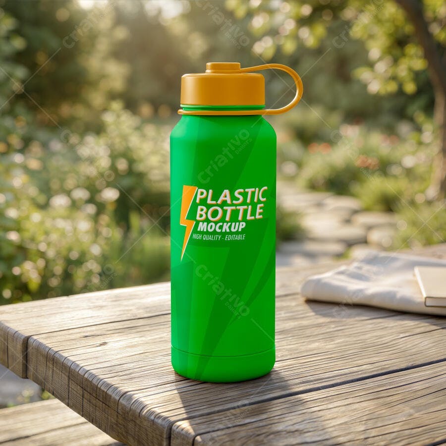 Mockup Garrafa Plástica Verde Tampa Laranja Mesa Madeira Editável