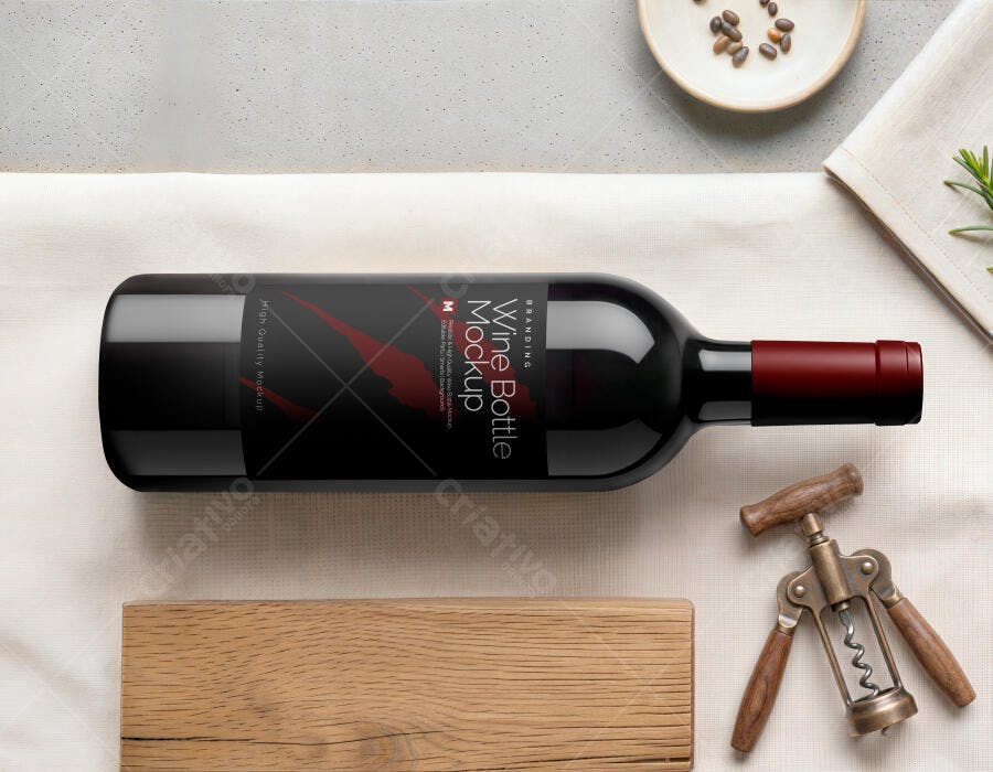 Mockup Garrafa Vinho Deitada Vista Superior Mesa Editável