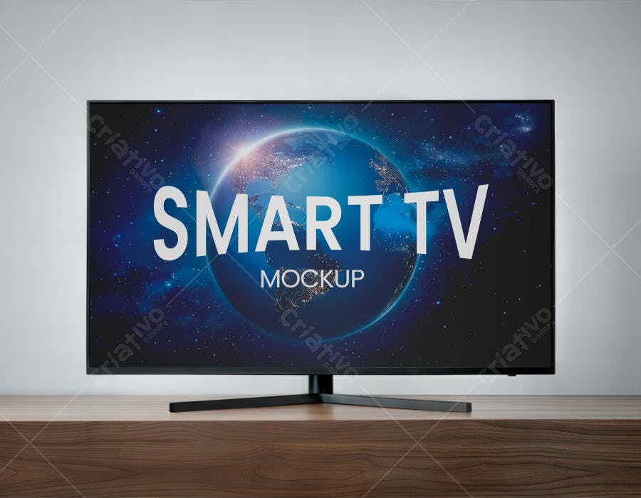Mockup Smart TV Tela Plana Mesa Madeira Editável