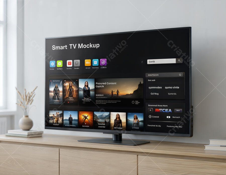 Mockup Smart TV Tela Plana Realista Mesa Madeira Editável