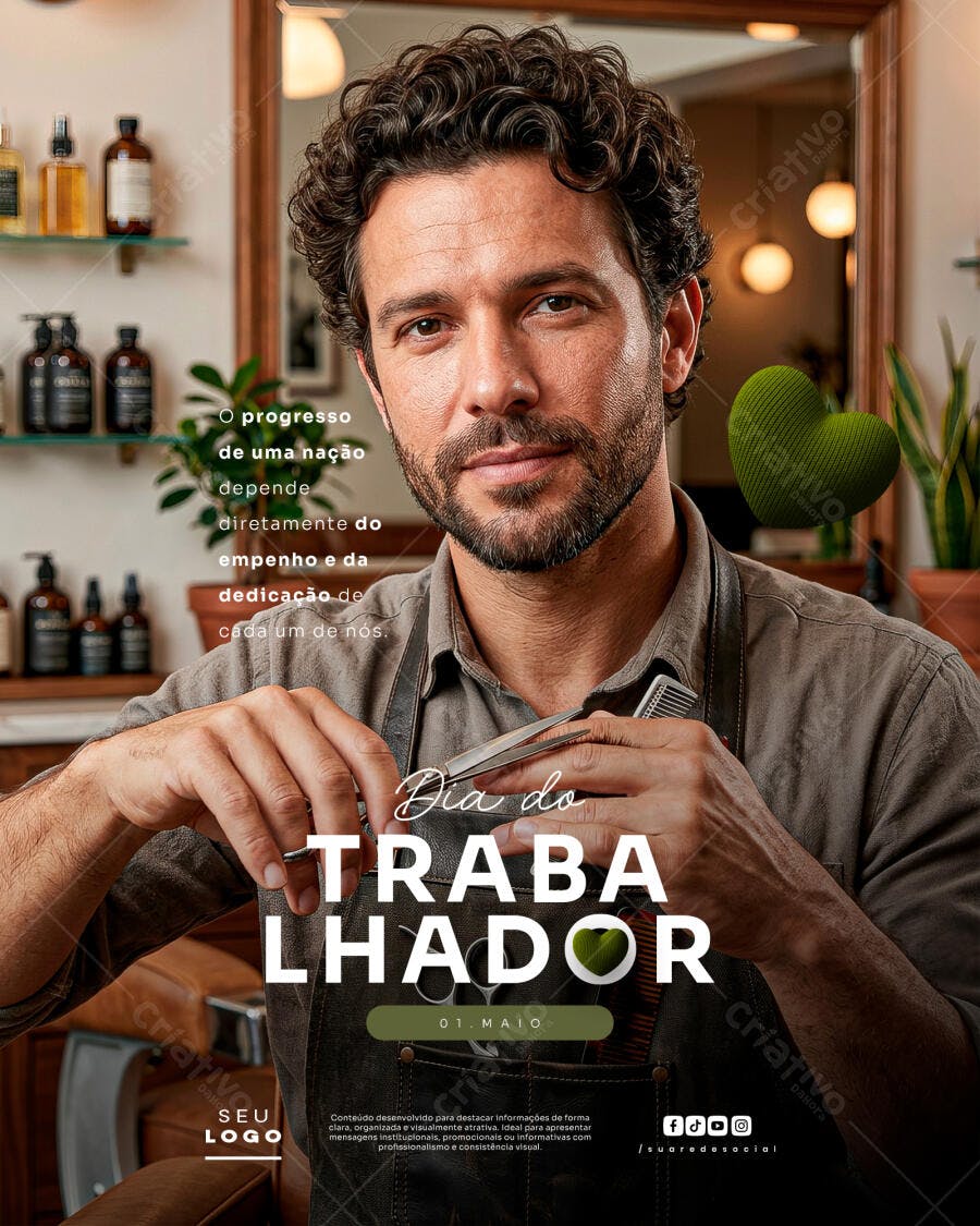 Post Dia do Trabalhador Barbearia 01 de Maio PSD Editável