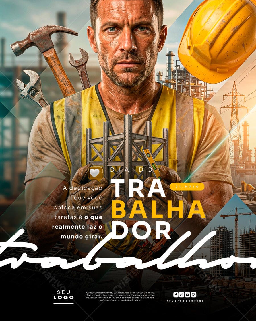 Post Dia do Trabalho 1 de Maio Construção Civil PSD Editável
