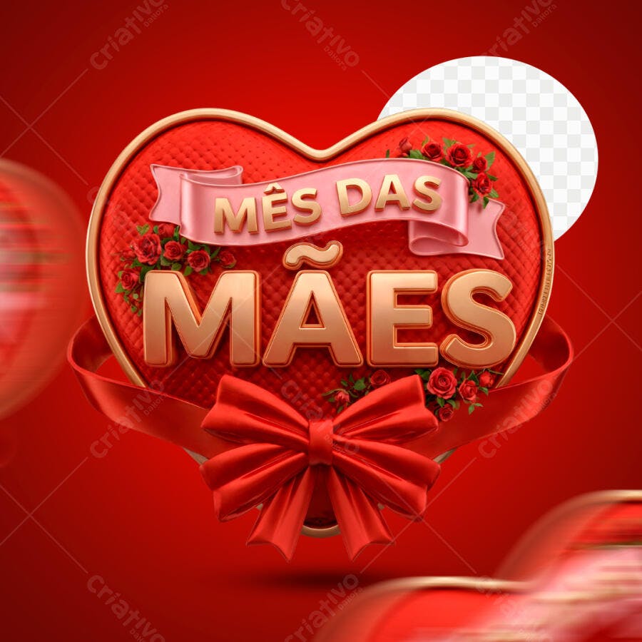 Selo 3D Coração Dia das Mães Vermelho Dourado PNG Transparente