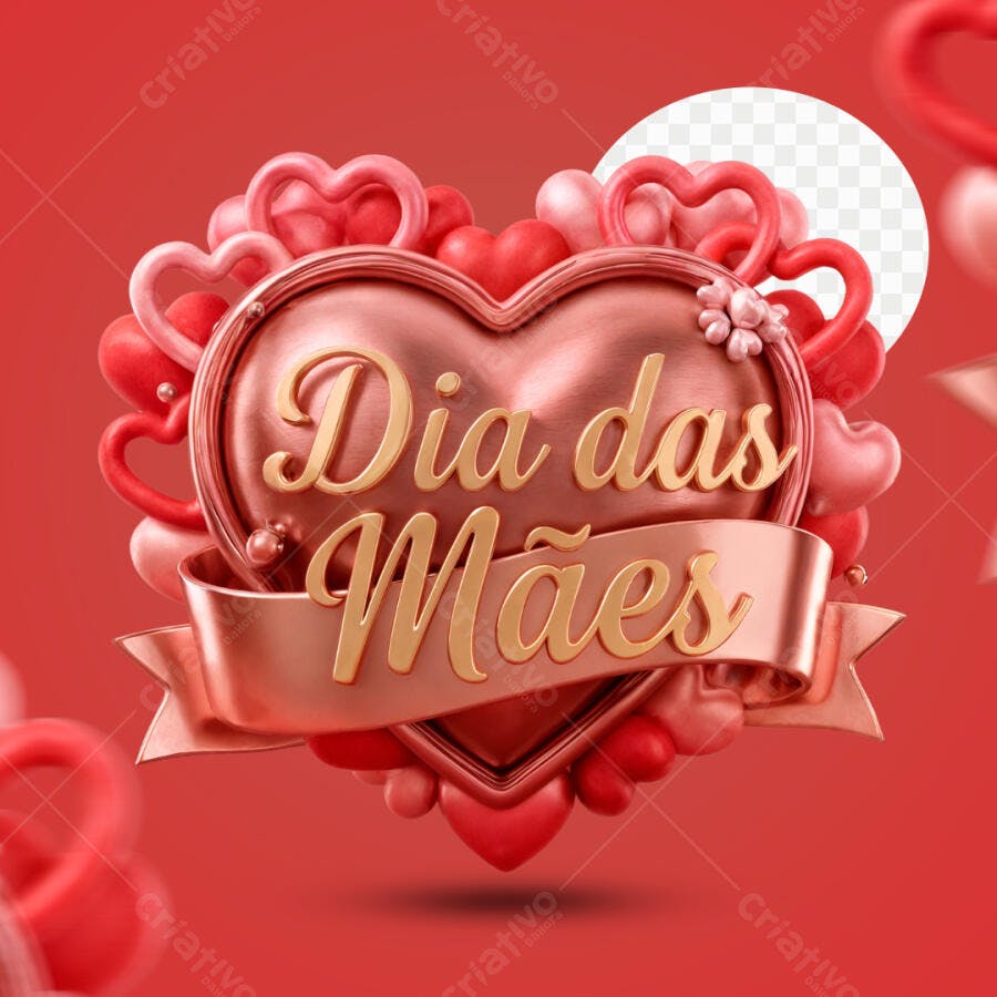Selo 3D Dia das Mães Coração Metalizado Rosê PNG Transparente