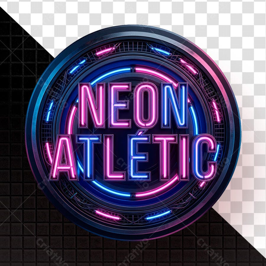 Selo 3D Neon Atlético Circular Azul e Rosa PNG Transparente