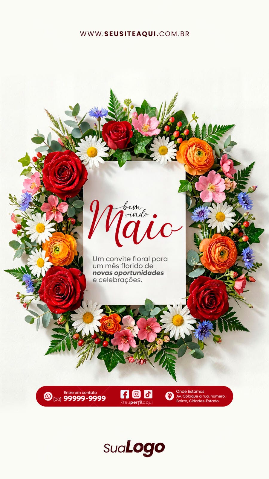 Story Bem Vindo Maio Floral Rosas PSD Editável