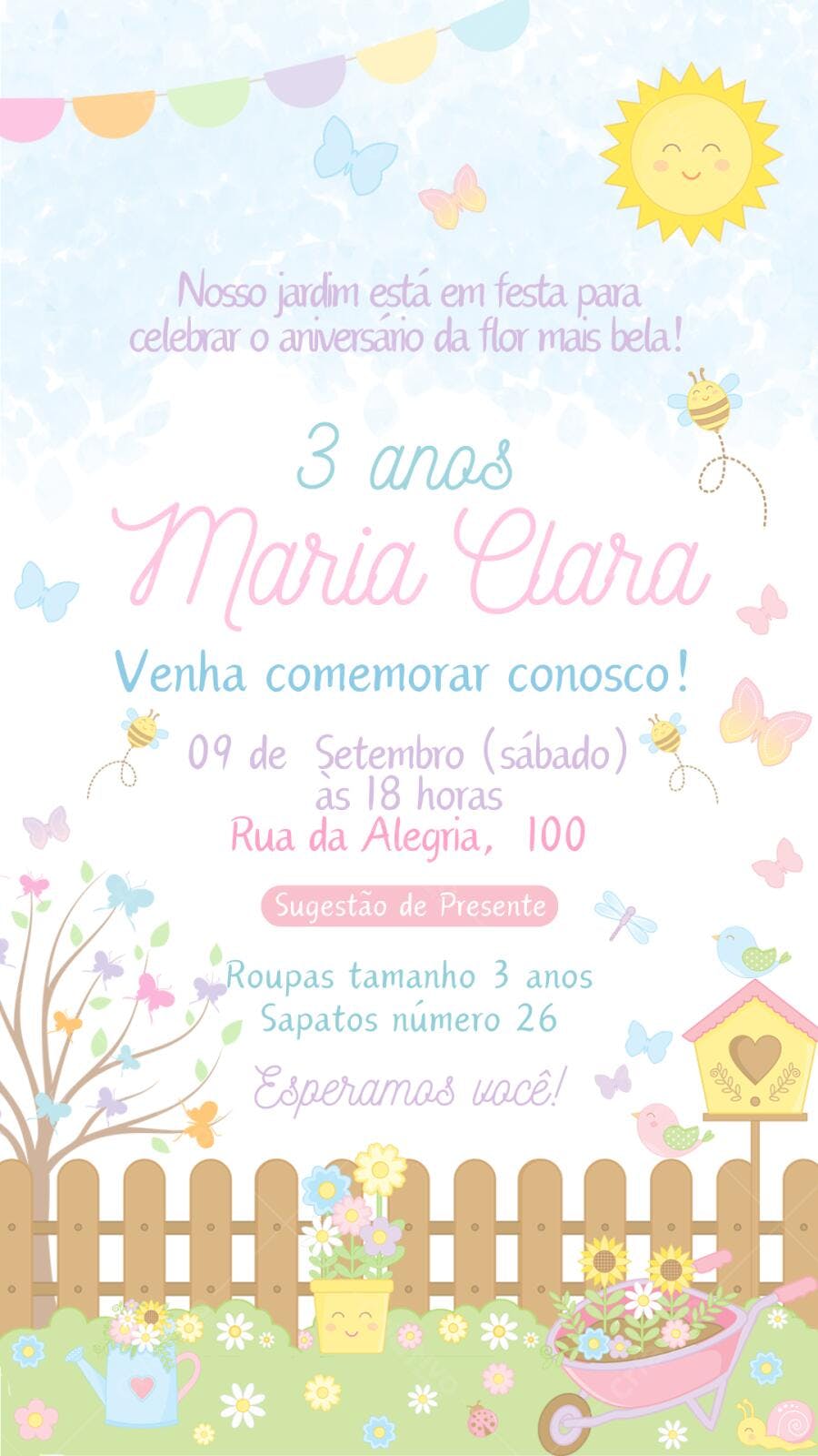 Template Canva Convite Aniversário Infantil Jardim Encantado Editável