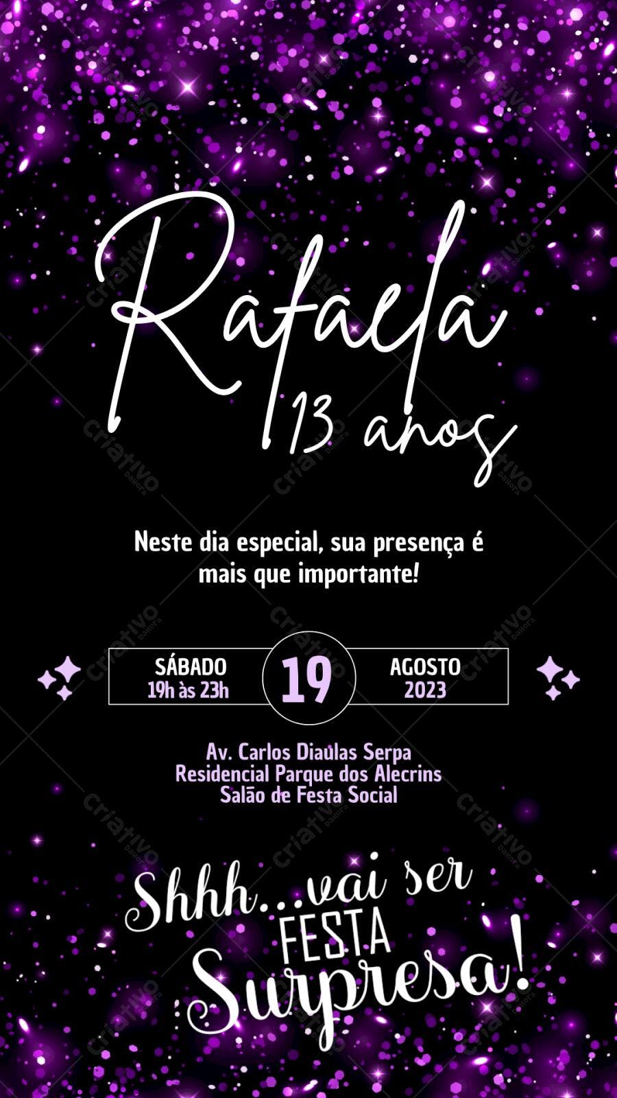 Convite Aniversário 13 Anos Festa Surpresa Roxo Editável