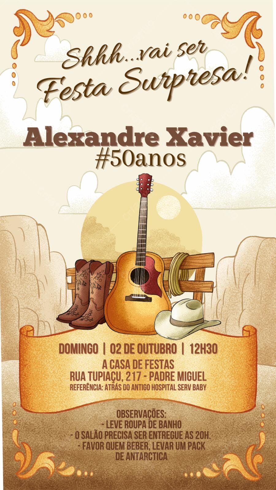 Convite Aniversário 50 Anos Festa Surpresa Sertanejo Editável