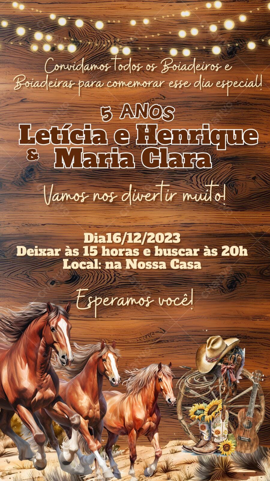 Convite Aniversário Cavalos Country 5 Anos Editável