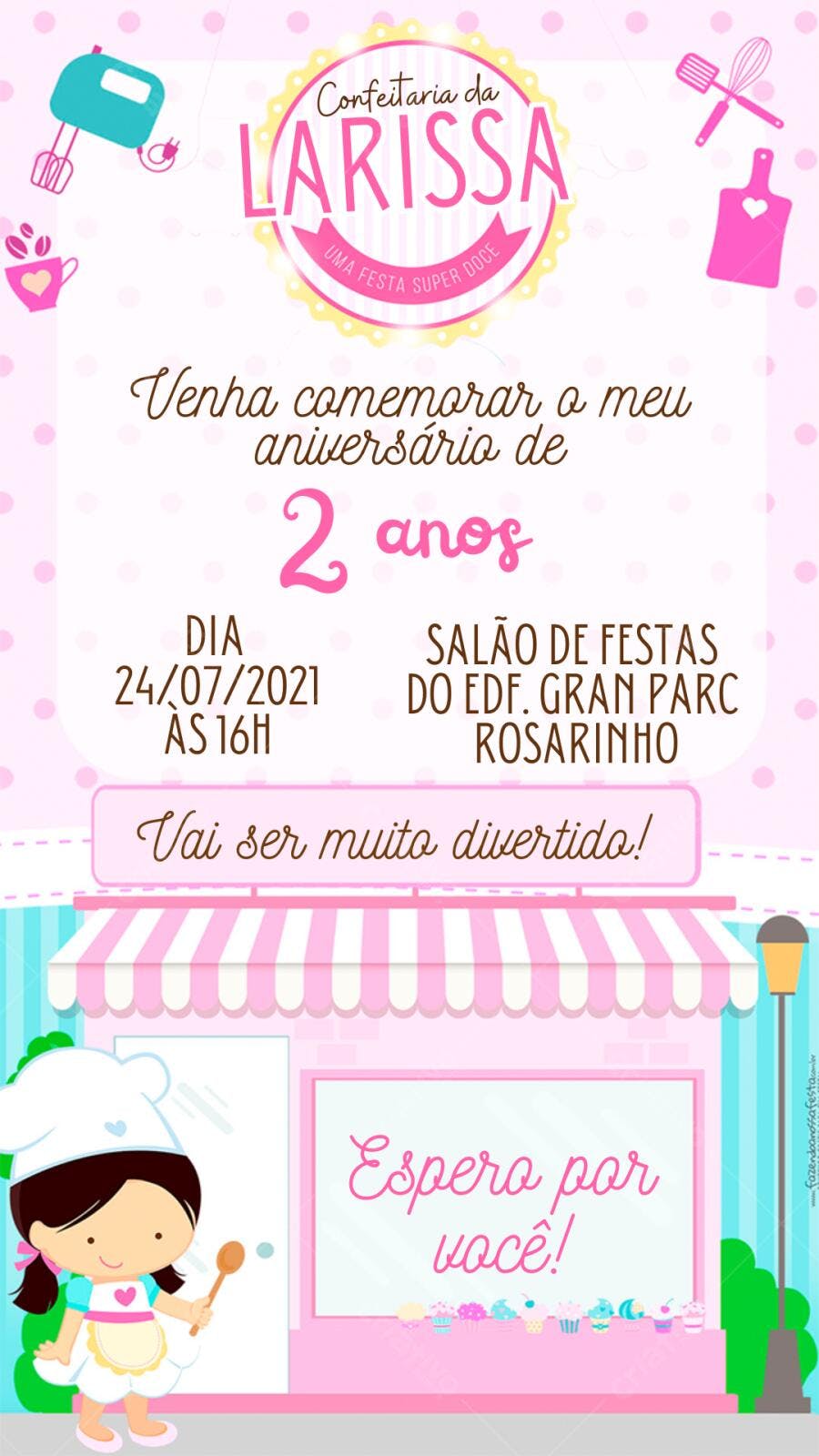 Convite Aniversário Confeitaria Menina 2 Anos Editável