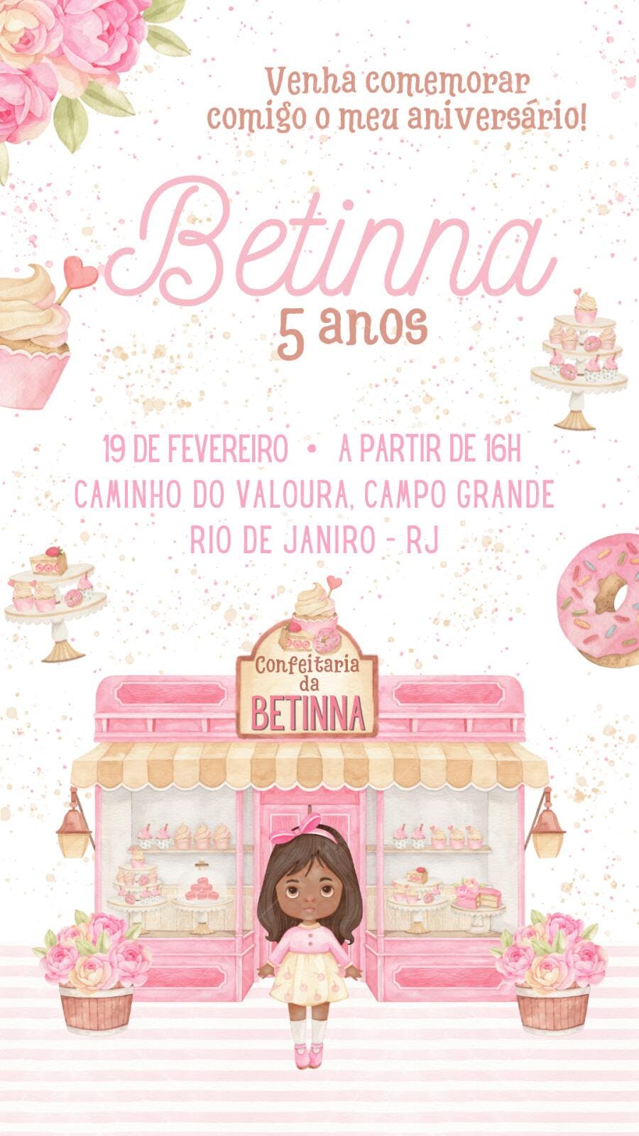 Convite Aniversário Confeitaria Menina 5 Anos Editável