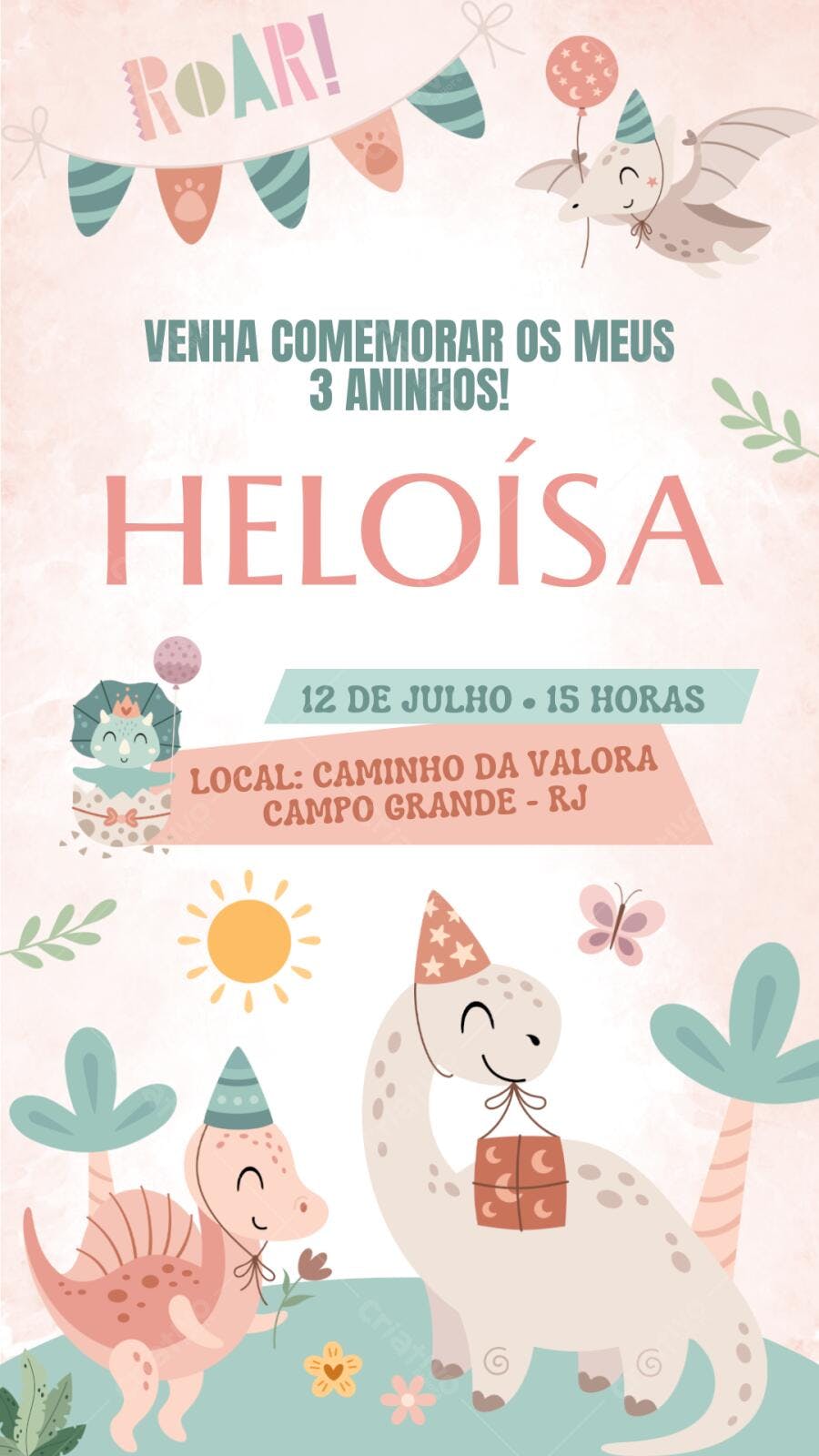 Convite Aniversário Dinossauro Baby 3 Anos Editável