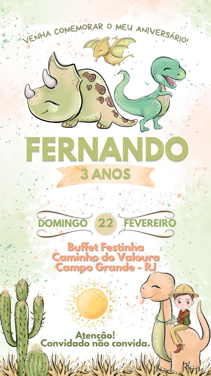 Convite Aniversário Dinossauro Baby 3 Anos Editável