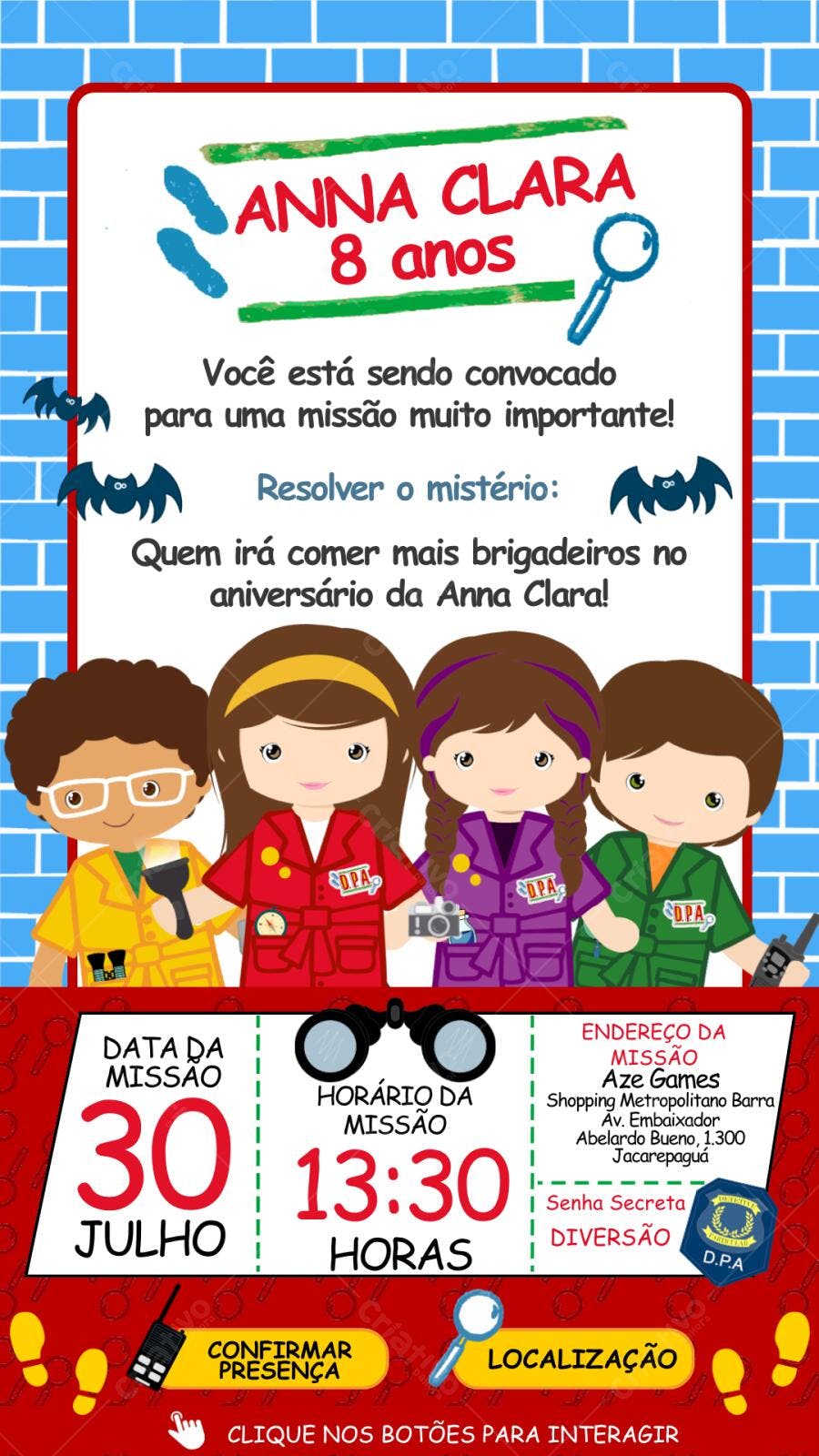 Convite Aniversário DPA Detetives do Prédio Azul 8 Anos Editável