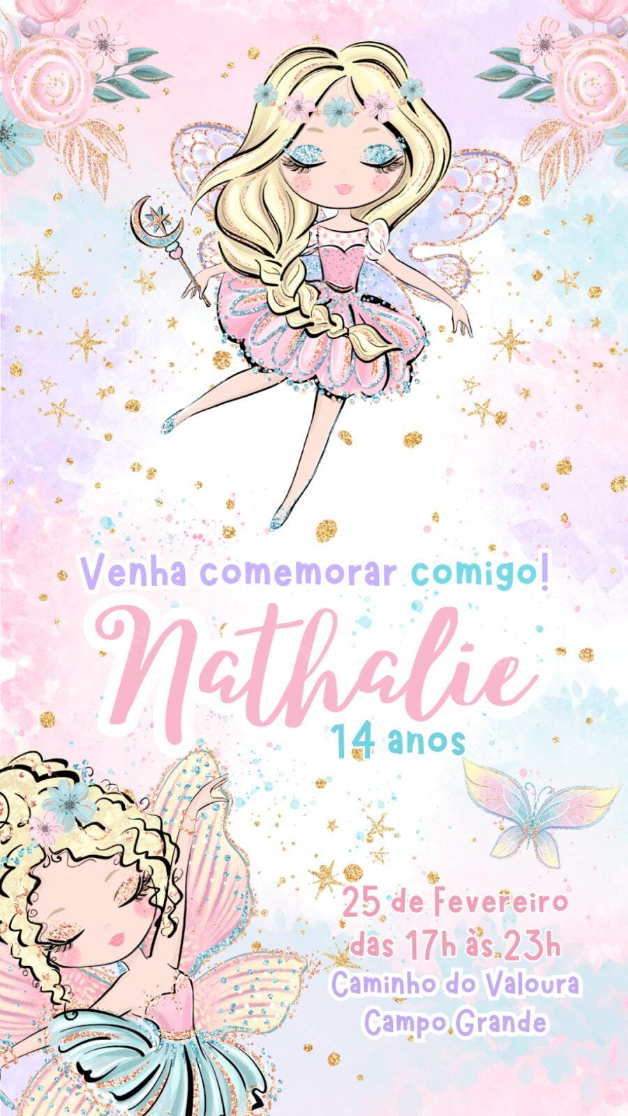 Convite Aniversário Fada Encantada 14 Anos Editável