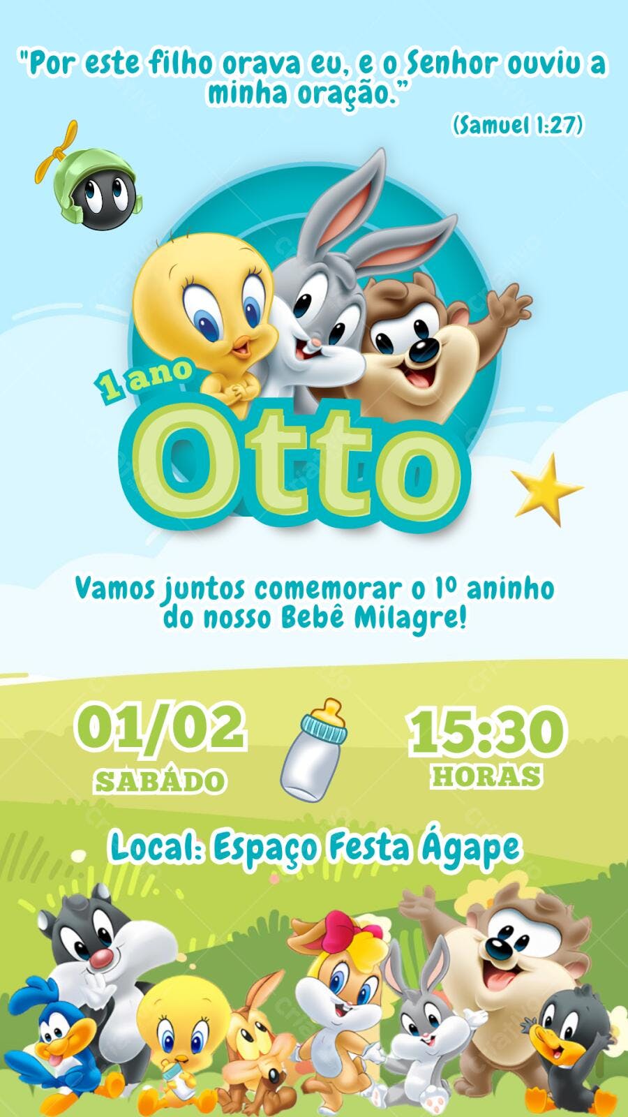 Convite Aniversário Looney Tunes Baby 1 Ano Editável