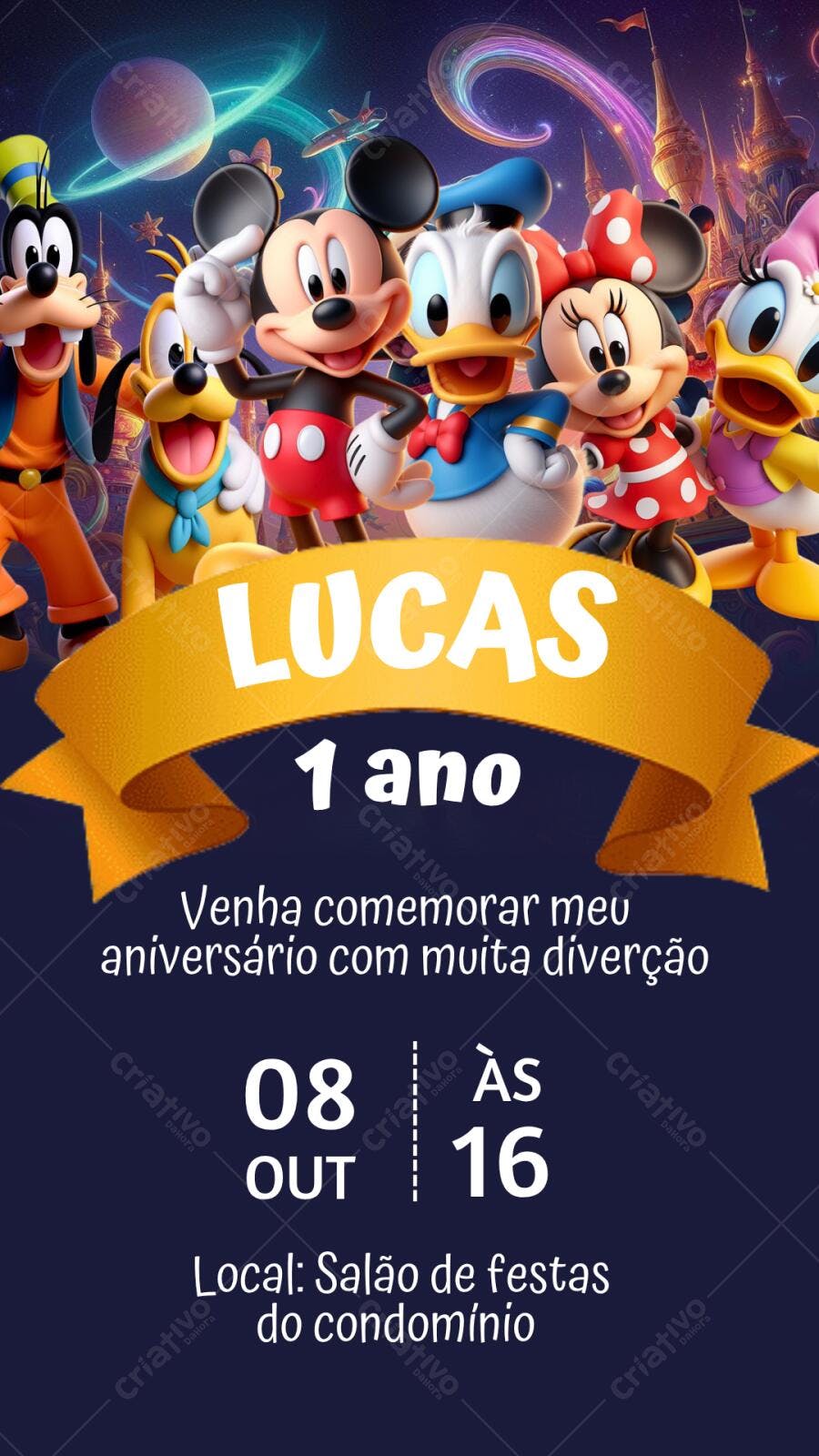 Convite Aniversário Mickey e Amigos 1 Ano Editável