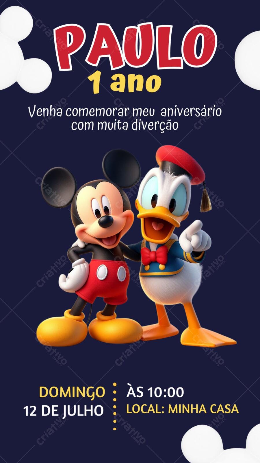 Convite Aniversário Mickey e Pato Donald 1 Ano Editável