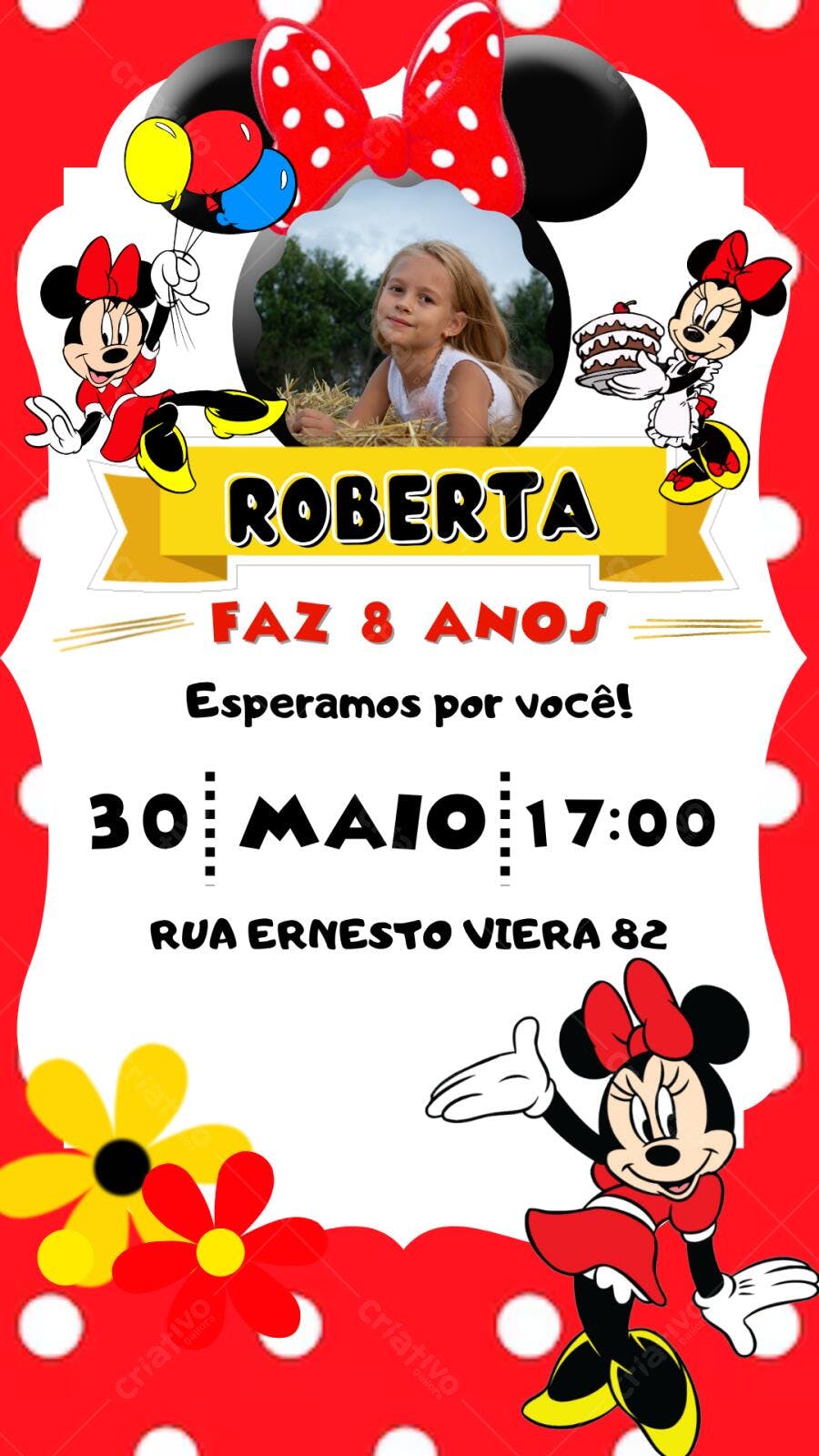 Convite Aniversário Minnie Vermelha 8 Anos Editável
