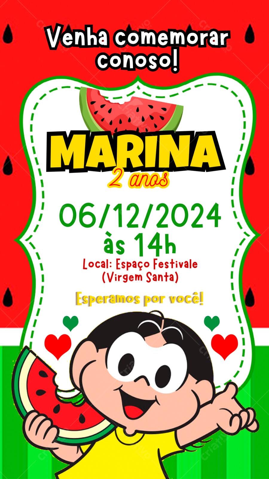 Convite Aniversário Mônica Magali Melancia 2 Anos Editável