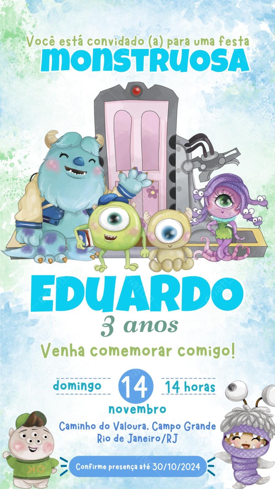Convite Aniversário Monstros SA 3 Anos Editável