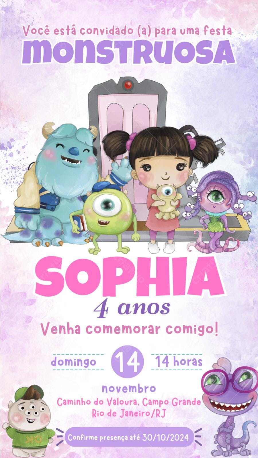 Convite Aniversário Monstros SA 4 Anos Editável
