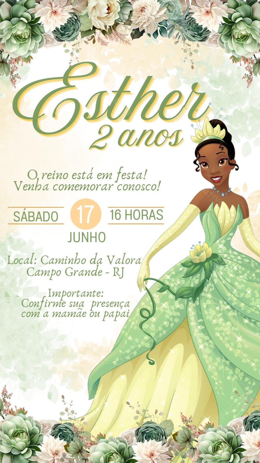 Convite Aniversário Princesa Tiana 2 Anos Editável