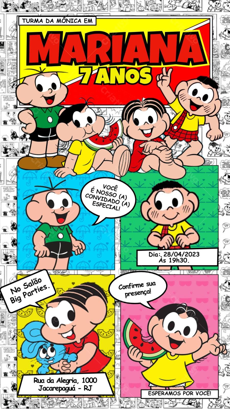 Convite Aniversário Turma da Mônica 7 Anos Editável