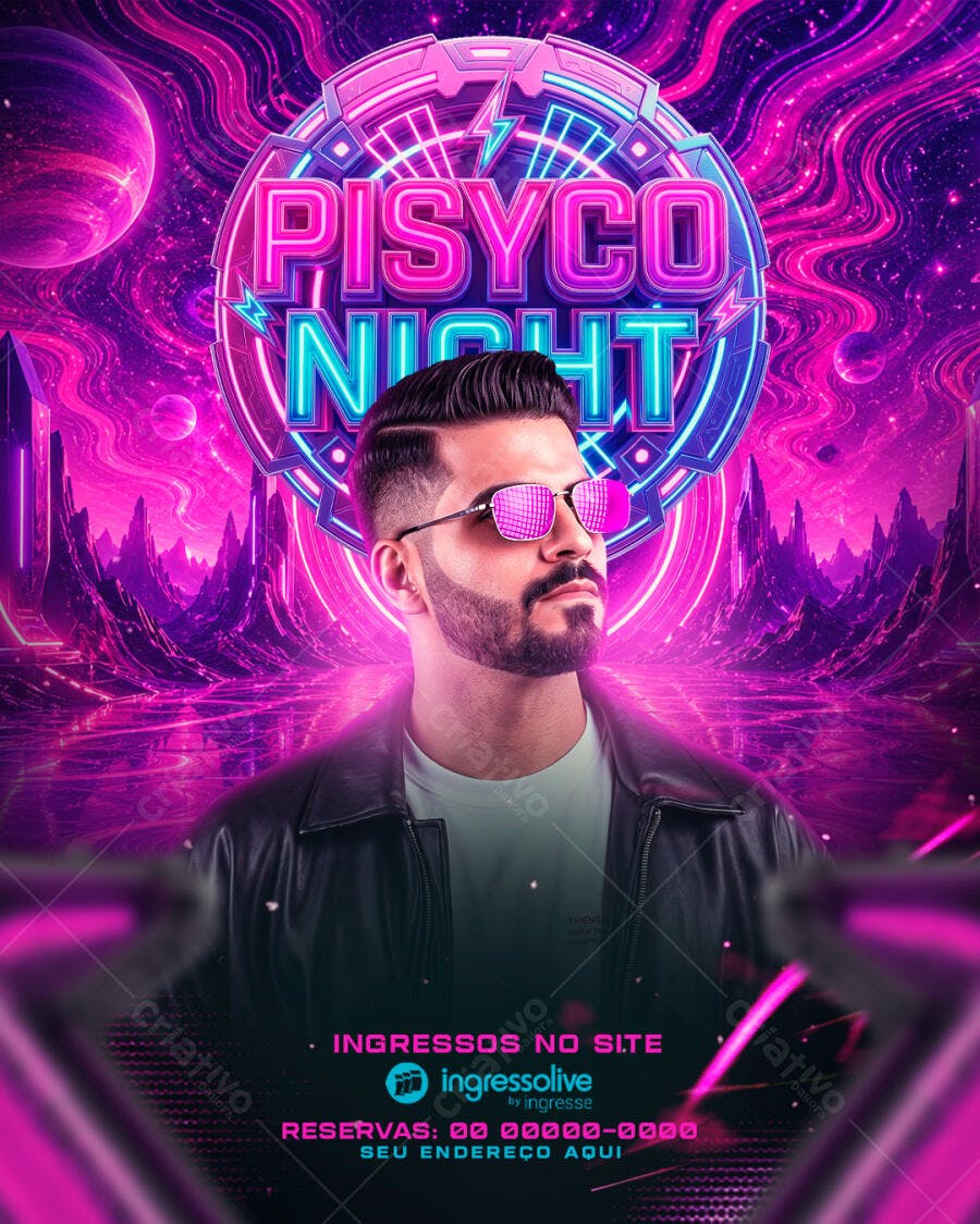 Flyer Balada Festa Eletrônica Piscyco Night PSD Editável
