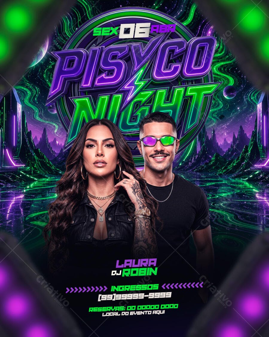 Flyer Balada Festa Neon Piscyco Night PSD Editável