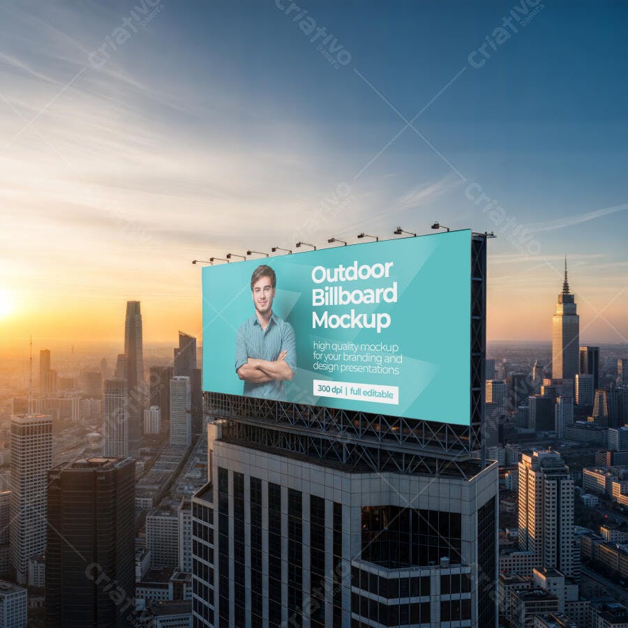 Mockup Outdoor Billboard Prédio Urbano Pôr do Sol Editável