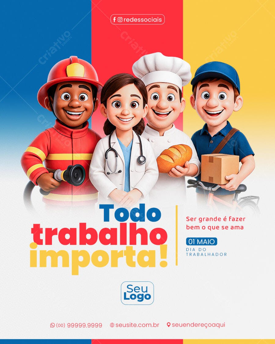 Post Dia do Trabalhador 1 de Maio Profissões PSD Editável