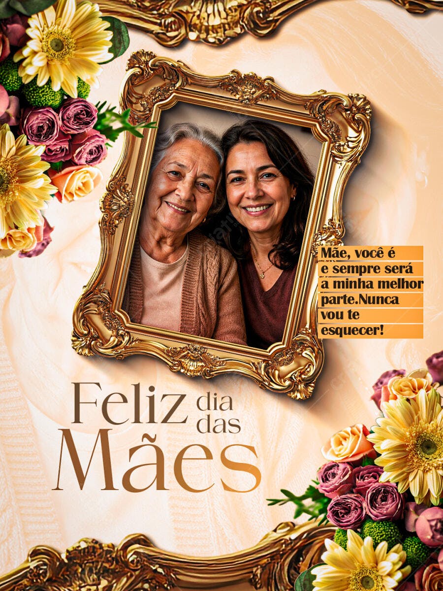 Post Instagram Dia das Mães Floral Dourado PSD Editável