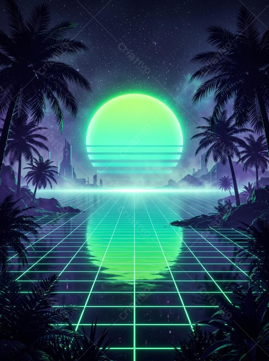 Textura Synthwave Retrô Neon com Grade Holográfica para Fundo