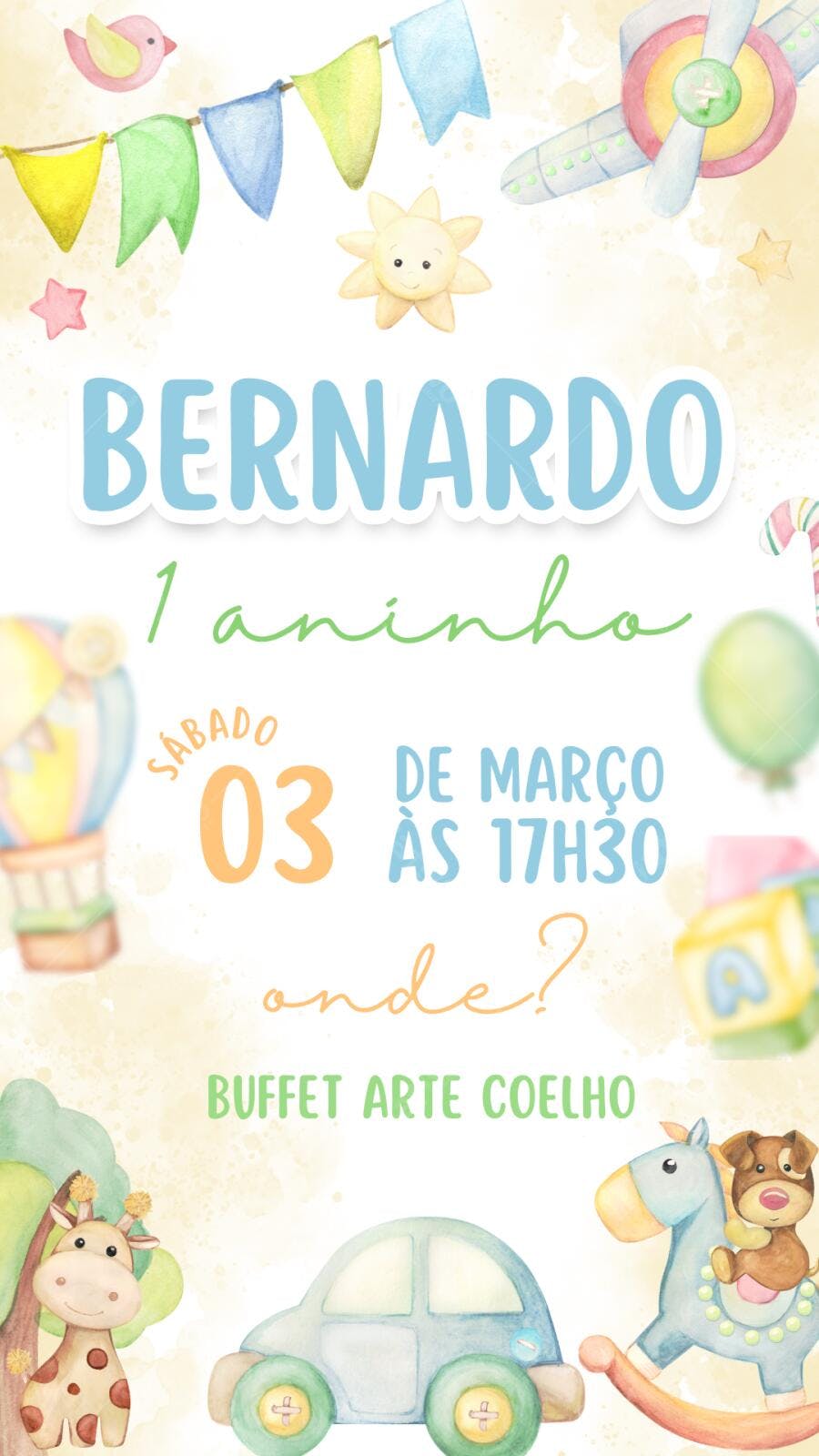 Convite Aniversário 1 Aninho Brinquedos Aquarela Editável