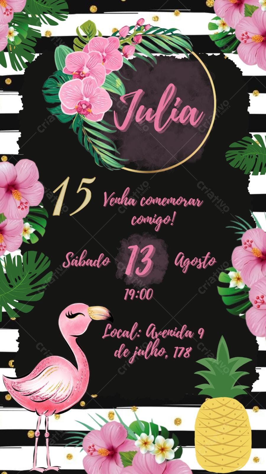 Convite Aniversário 15 Anos Tropical Flamingo Editável