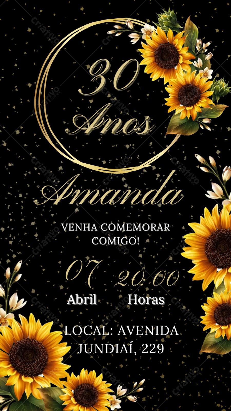 Convite Aniversário 30 Anos Girassol Dourado Editável