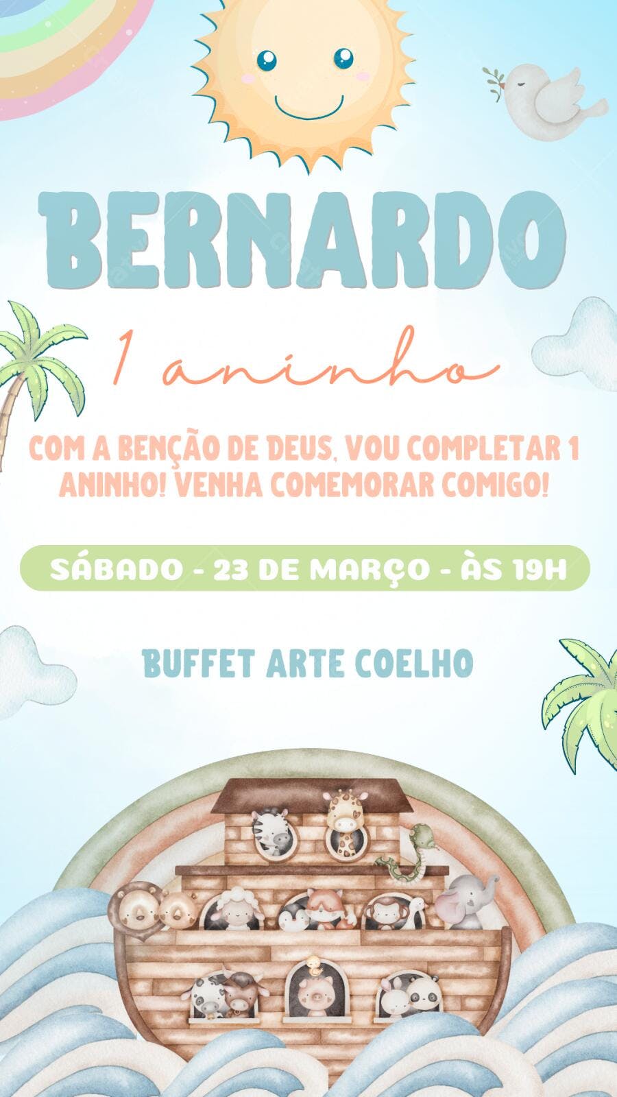 Convite Aniversário Arca de Noé 1 Aninho Editável