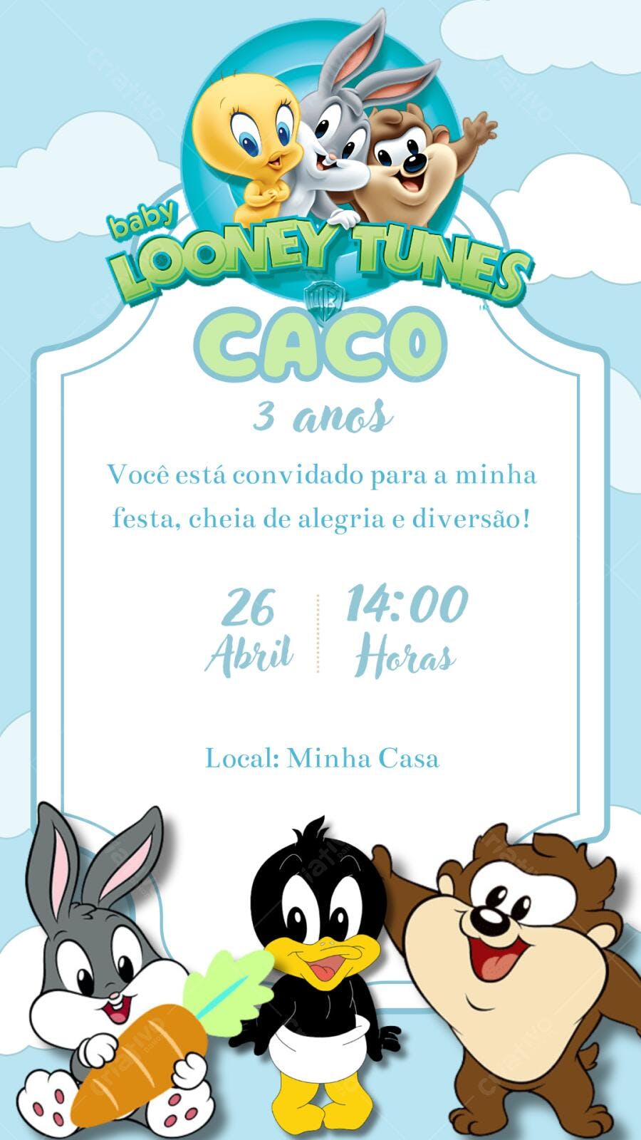 Convite Aniversário Baby Looney Tunes 3 Anos Editável