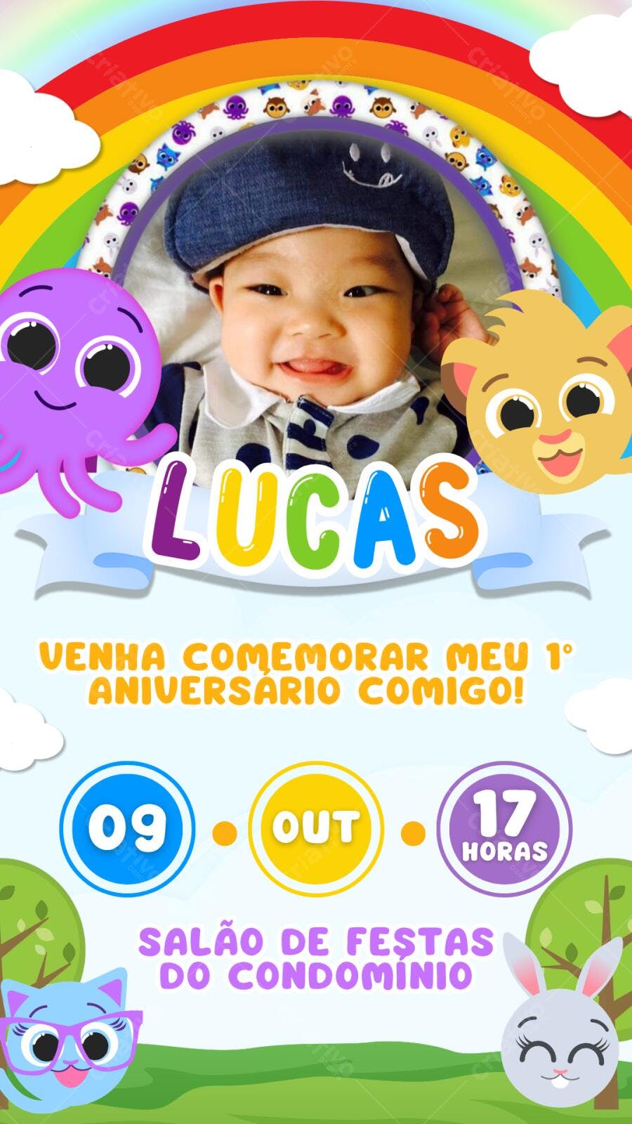 Convite Aniversário Blippi 1 Ano Arco-Íris Editável