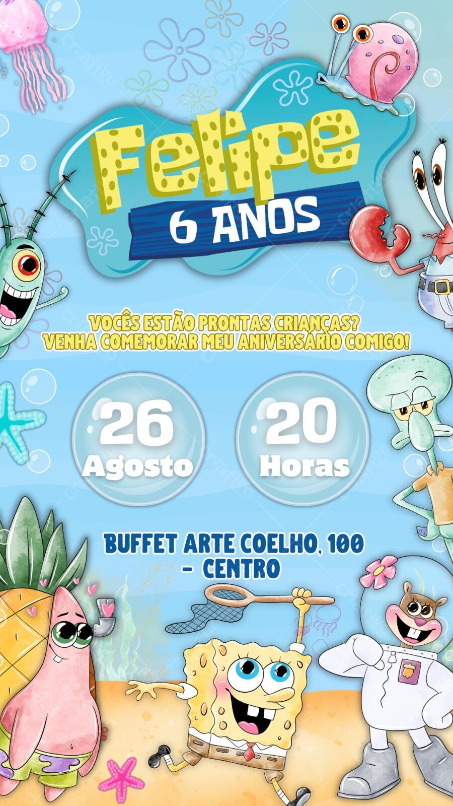 Convite Aniversário Bob Esponja 6 Anos Editável