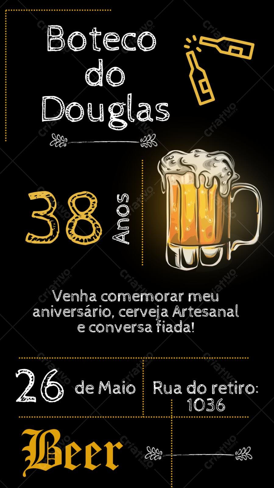 Convite Aniversário Boteco Cerveja 38 Anos Editável