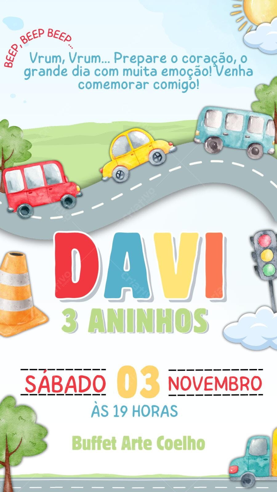 Convite Aniversário Carros 3 Aninhos Editável
