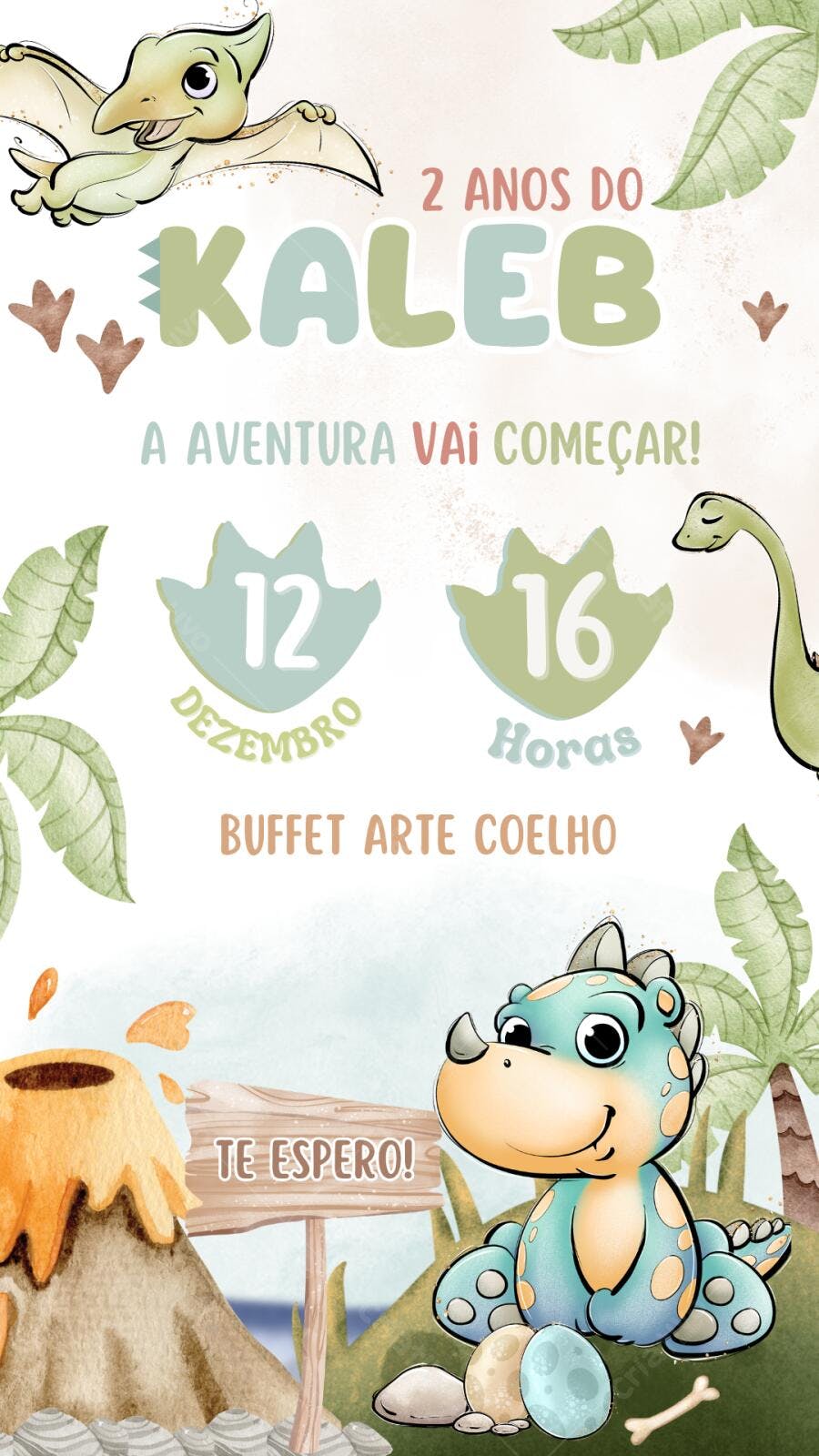 Convite Aniversário Dinossauro Infantil 2 Anos Editável