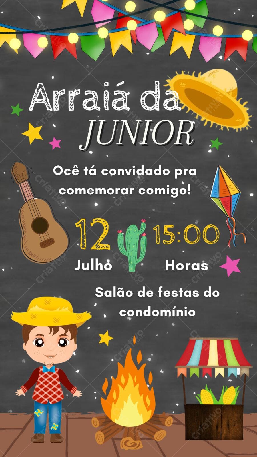 Convite Aniversário Festa Junina Arraiá Infantil Editável