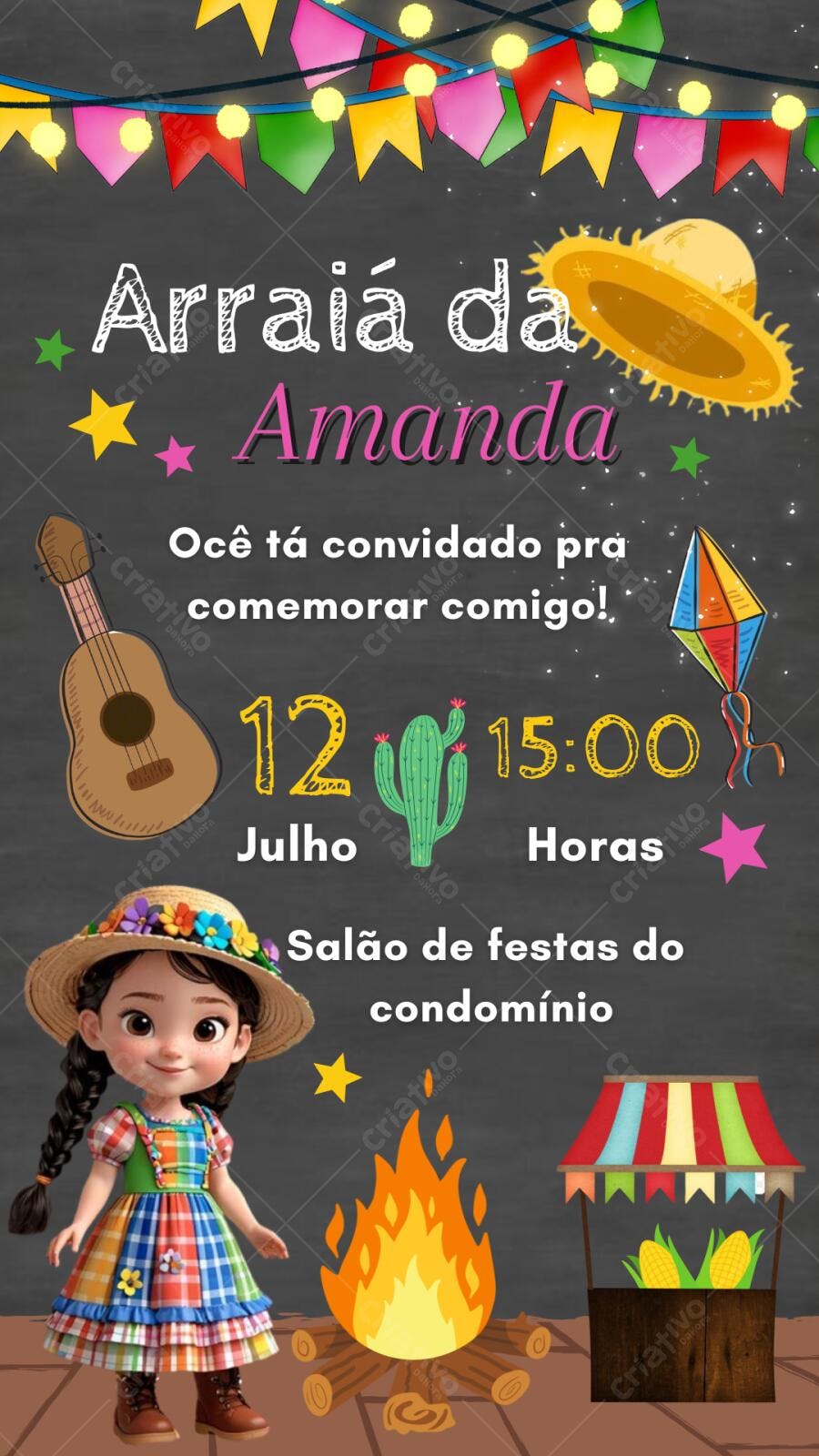 Convite Aniversário Festa Junina Arraial Menina Editável