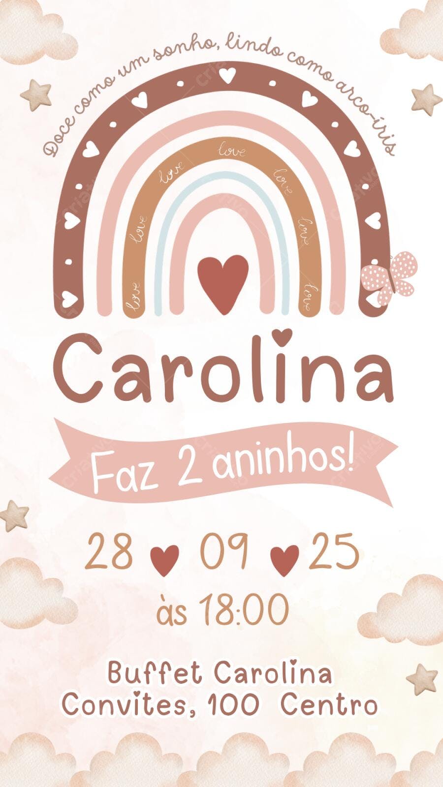 Convite Aniversário Infantil Arco-Íris Boho 2 Anos Editável